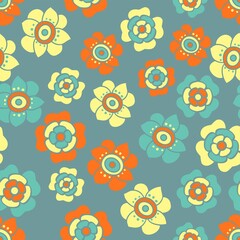 Wall Mural - Fantasy Flowers Pattern In Lemon, Blue And Orange