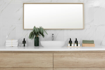 Canvas Print - Modern bathroom interior with stylish mirror and vessel sink