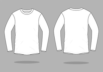 Blank White Long Sleeve T-Shirt Template on Gray Background. Front and Back Views, Vector File.