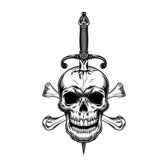 Canvas Print - Vintage dagger and dead head tattoo design. Monochrome element with knife, skull, cross bones vector illustration in vintage style. Blade weapon concept for symbols or emblems templates