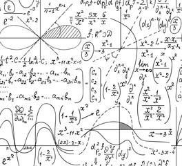 Sticker - Math vector seamless background with formulas, plots and equations handwritten on a white paper