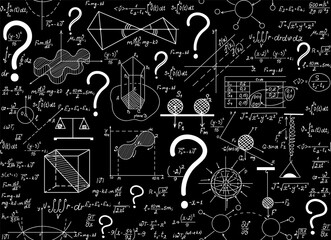 Scientific vector seamless pattern with math and physical figures, plots, formulas, equations and question marks