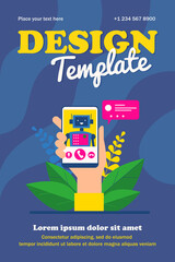 Poster - Cartoon hand holding smartphone with robot. Call, contact, phone flat vector illustration. Communication and digital technology concept for banner, website design or landing web page