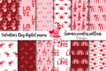 Valentinines Day Seamless Pattern Collection With Cute Gnomes, Rainbows, Hearts, Love Words