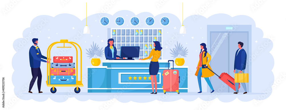 Woman with suitcases is standing at reception desk. Check into hotel. Receptionist welcomes the guest. Bellboy with cart. Vector illustration - obrazy, fototapety, plakaty 