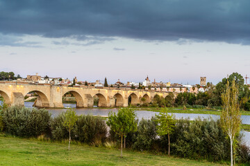 Sticker - Medieval Palmas Bridge over wide river in Badajoz, Spain