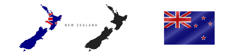 Wall Mural - New Zealand. Map with masked flag. Detailed silhouette. Waving flag. Vector illustration isolated on white.