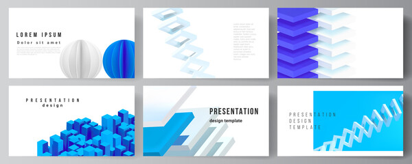 Poster - Vector layout of presentation slides design templates, template for presentation brochure, brochure cover, business report. 3d render vector composition with dynamic geometric blue shapes in motion.