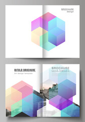Wall Mural - vector layout of two a4 format cover mockups design templates with colorful hexagons, geometric shap