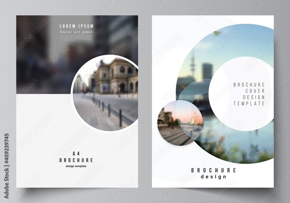 Vector layout of A4 cover mockups templates for brochure, flyer layout, booklet, cover design, book design, brochure cover. Background template with rounds, circles for IT, technology. Minimal style. - obrazy, fototapety, plakaty 