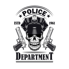 Fototapete - Old style emblem with policeman skull and pistols vector illustration. Monochrome badge with dead head of police officer. Law and order concept can be used for retro template, banner or poster