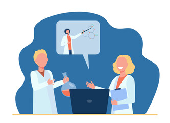 Wall Mural - happy children learning chemistry online. laptop, flask, teacher flat vector illustration. online ed
