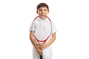 Canvas Print - Boy holding a tennis racquet and looking at the camera