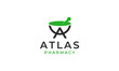 initial letter A with atlas shape and mortar pharmacy bowl medical health logo design template