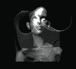 Poster - Human head made of the array of particles, pixelated and glitched portret of supreme artificial intelligence. Generative computer art.