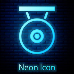 Poster - Glowing neon Gong musical percussion instrument circular metal disc icon isolated on brick wall background. Vector.