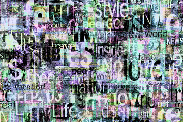 Wall Mural - Abstract grunge urban bright colors chaotic words, letters background