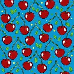 Seamless pattern with two ripe cherries, summer seasonal fruits, fruit print, juicy red cherries, vector illustration in doodle style.