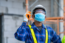 Construction Worker Wear Protective Face Masks For Safety In Con