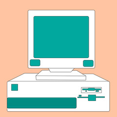 Poster - White with a turquoise retro, vintage, hipster, old computer from the 80's, 90's with a system unit located below the monitor on an orange background. illustration.