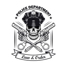 Monochrome Policeman Skull With Guns And Handcuffs Vector Illustration. Vintage Badge For Police Department. Law And Order Concept Can Be Used For Retro Template, Banner Or Poster