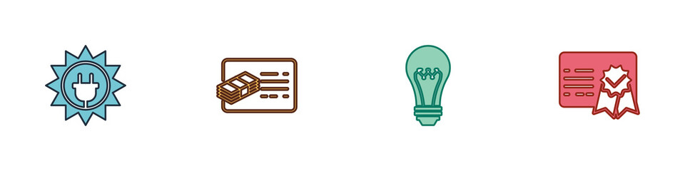 Poster - set solar energy panel, financial document, light bulb and certificate template icon. vector.