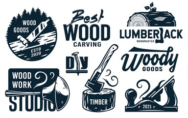 Wall Mural - Set of carpentry emblems for workshop, wood crafts studio and repair shop. Carpenter goods