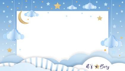 Vector illustration for baby boy shower card on blue background,Paper art abstract origami cloudscape, crescent moon and stars on blue sky,Cute paper cut with copy space for baby's photos