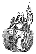 Angel Holding Flag And Holy Bible. Antique Vector Vintage Christian Religious Engraving Or Drawing Illustration.