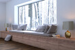 A cozy bench at a large panoramic window with built-in storage space. On the outside a winter landscape with trees. 3d render