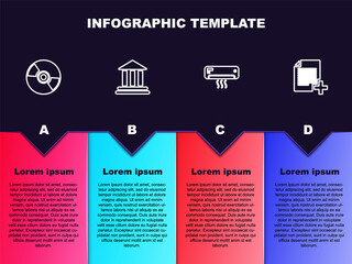 Sticker - Set line CD or DVD disk, Bank building, Air conditioner and Add new file. Business infographic template. Vector.