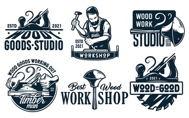 Poster - Set of emblems with equipment for wood workshop or joiner craft studio. Carpenter tool for repair, professional carpentry work