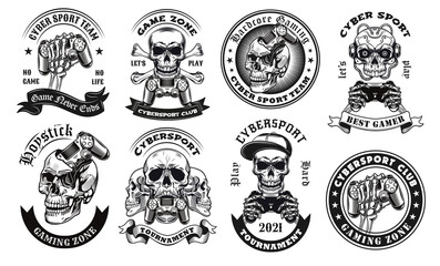 Fototapete - Black cybersport label designs vector illustration set. Vintage skull with joystick. Skeleton playing game. Gaming zone and tournament concept can be used for retro template, banner or poster