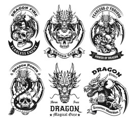 Fototapete - Monochrome Chinese dragon with skull labels vector illustration set. Retro emblems with powerful magical dragon. Mythology and fantastic creature concept can be used for retro template