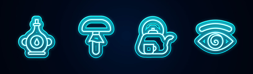 Sticker - Set line Oil bottle, Mushroom, Teapot with cup and Hypnosis. Glowing neon icon. Vector.