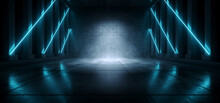 Cement Concrete Sci Fi Futuristic Cyber Neon Electric Laser Lights Glowing Blue Tunnel Corridor Hallway Pillars Dark Background Spaceship Underground 3D Rendering