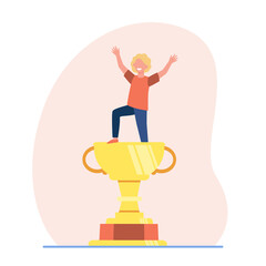 Wall Mural - kid celebrating triumph. child winning competition, getting golden cup. flat vector illustration. aw
