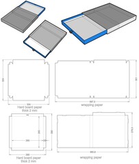 Rigid Box Drawer hard board paper thicknes 2mm (Internal measurement 25x25x2 cm) and Die-cut Pattern. The .eps file is full scale and fully functional. Prepared for real cardboard production.