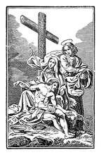 13th Or Thirteenth Station Of The Cross Or Way Of The Cross Or Via Crucis. Jesus Is Taken Down From The Cross.Bible,New Testament.Antique Vintage Biblical Religious Engraving Or Drawing.