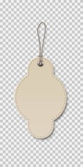 Poster - Vintage beige price or label tags mockup template. Blank card with string for gifts or sales isolated on transparent background. Empty sticker with thread frame vector illustration