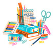 © Albinasyo - Set of school supplies composition. Back to school lettering. Children's subjects for study. Vector illustration in a flat style on a white background. All objects are isolated