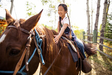 Happy Girl Horseback Riding On Chestnut Brown Horse