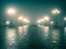 The Main Alley Of A Night Winter Park In A Fog. Footpath In A Fabulous Winter City Park At Night In Fog With Benches And Latterns. Beautiful Foggy Evening In The Mariinsky Park. Kyiv, Ukraine.