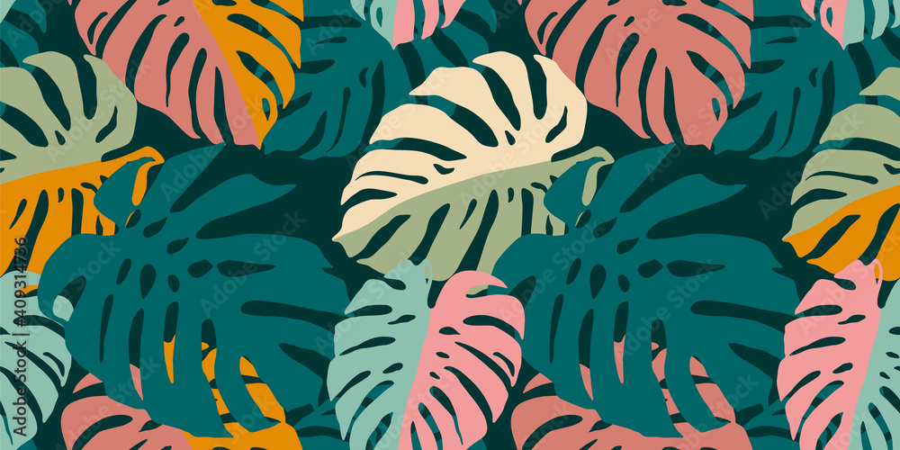 Tropical seamless pattern with abstract leaves. Modern design for paper, cover, fabric, interior decor and other - obrazy, fototapety, plakaty 