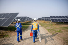 Technicians With Ladder And Toolbox In Solar Farm