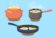Hot pot, saucepan and pan on gas stove flat set for web design. Cartoon food prepared on kitchen isolated vector illustration collection. Cooking and kitchenware concept