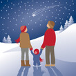 Family watches a shooting star on a cold, wintry night