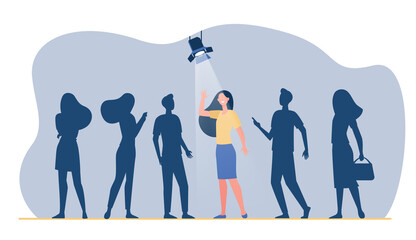 Poster - candidate winning competition for job. woman under spotlight, group in shade. flat vector illustrati