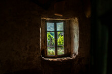 Wooden Window Of Old Abandoned Neglected Country House With View From Inside