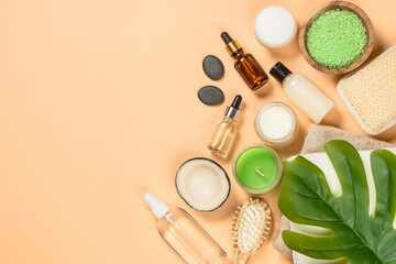 Wall Mural - spa and wellness products at trendy beige background. flat lay image with copy space.